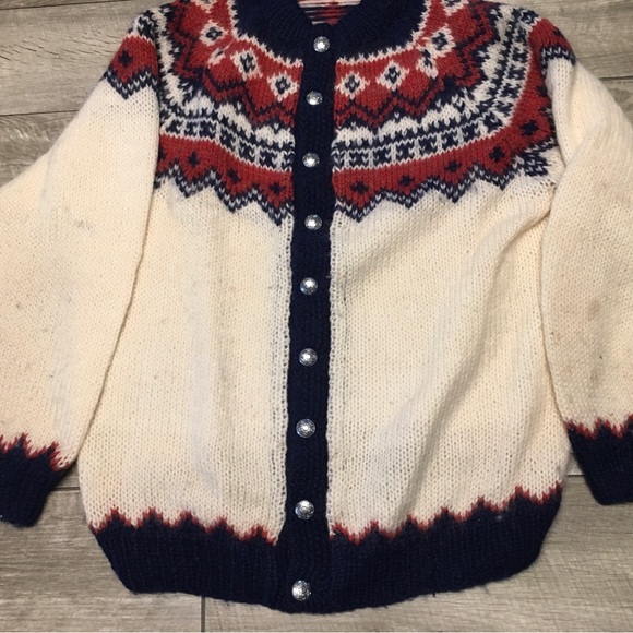 Vtg Icelandic Hand Knit Wool Abstract Pattern Sweater Metal Button Cardigan LG - Picture 3 of 10